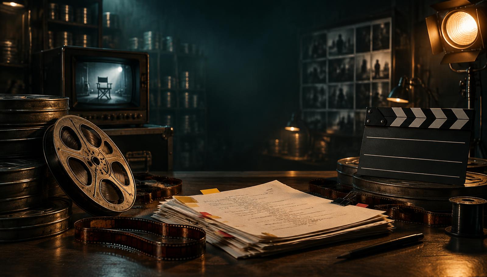 Film reels, scripts, clapperboard, and a director chair in a cinematic archive