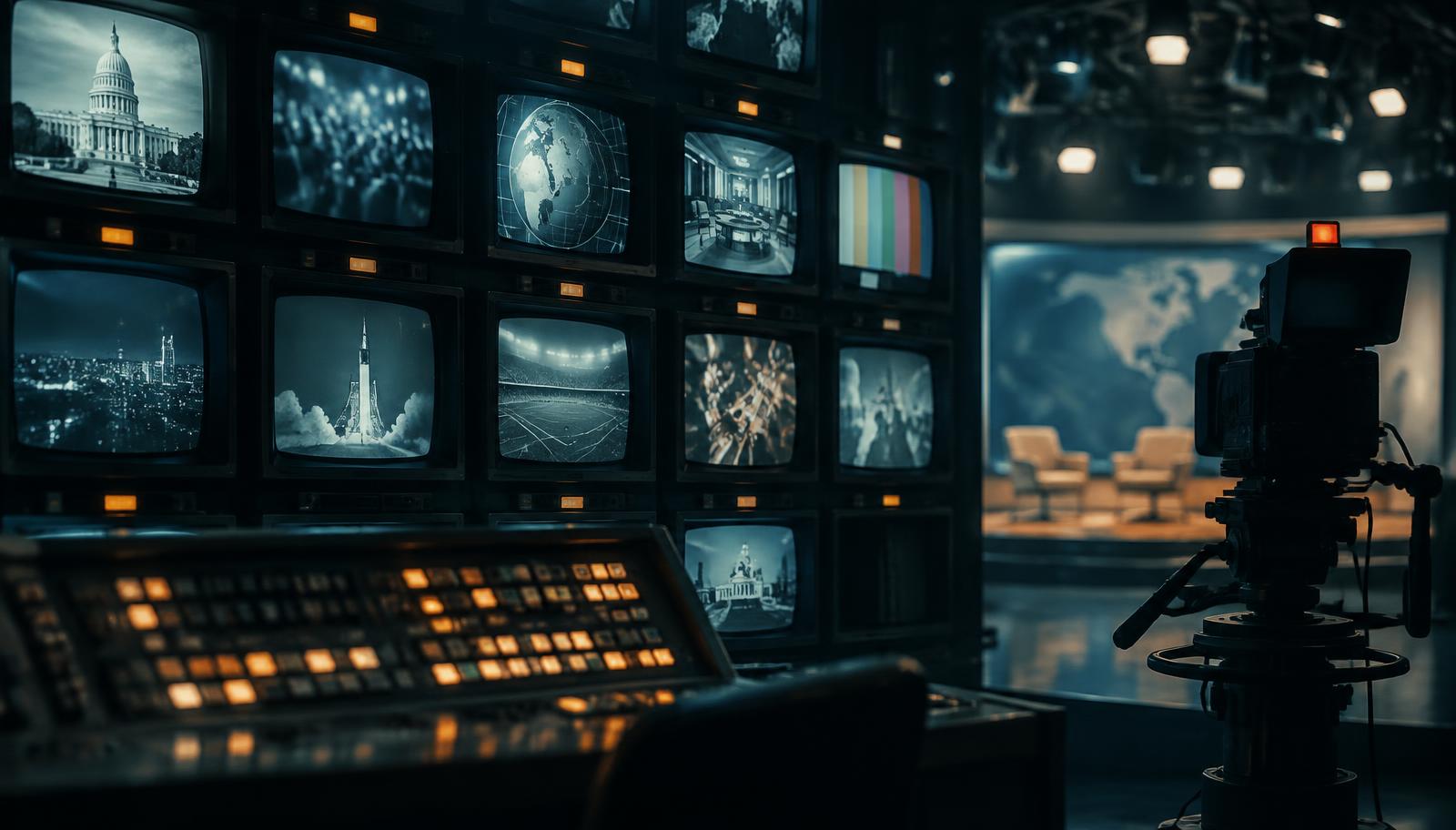 Vintage television monitors and a studio camera in a broadcast control room