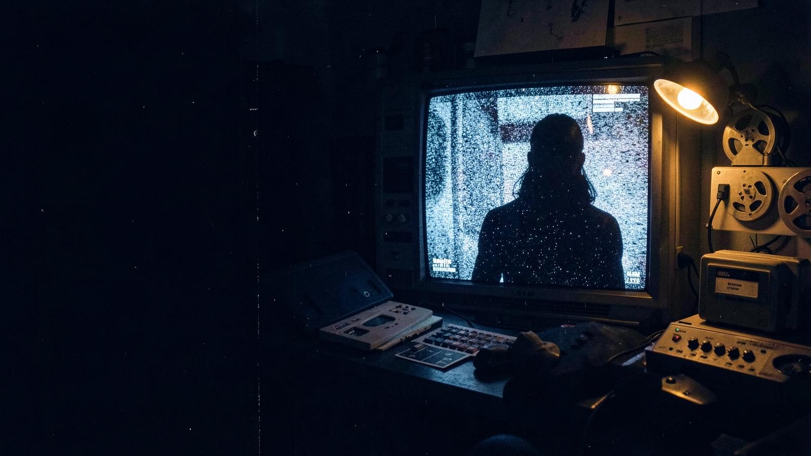 A cinematic television archive suite with a vintage monitor, film reels, and editing controls