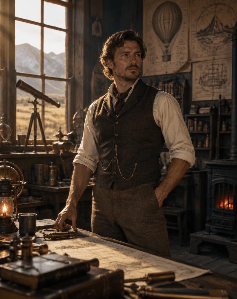 Archival-inspired western inventor in a sunlit workshop