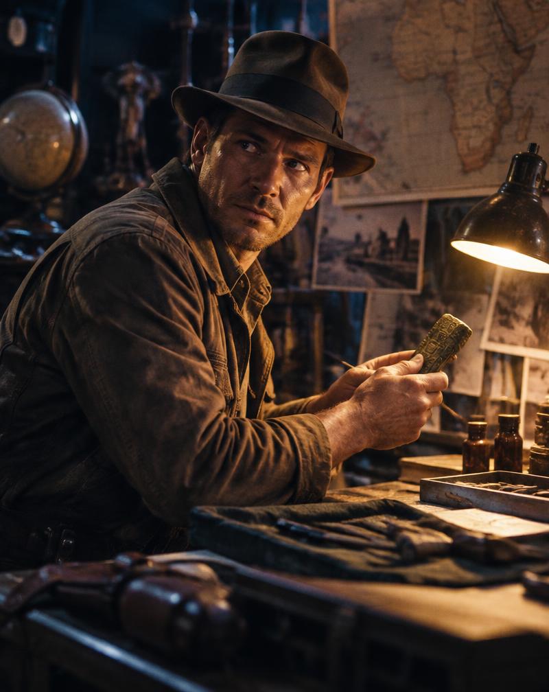 Archival-inspired action adventurer working at a tool-covered desk